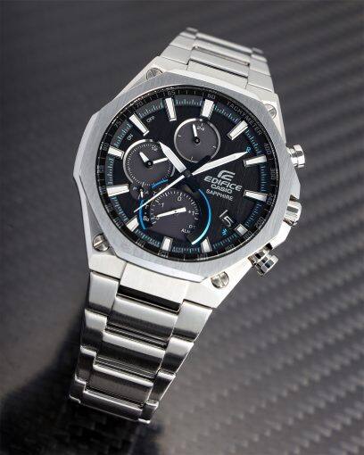 Casio Edifice EQB-1100D-1A men's chronograph watch, black dial, silver-tone stainless steel bracelet – detail view 4