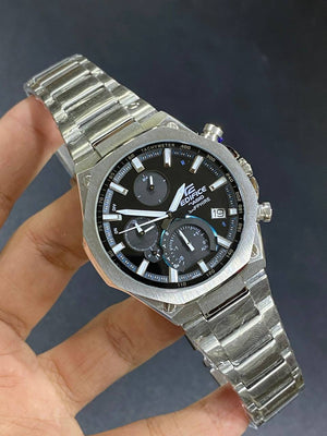 Casio Edifice EQB-1100D-1A men's chronograph watch, black dial, silver-tone stainless steel bracelet – in hand view