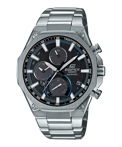 Casio Edifice EQB-1100D-1A men's chronograph watch, black dial, silver-tone stainless steel bracelet – official front view
