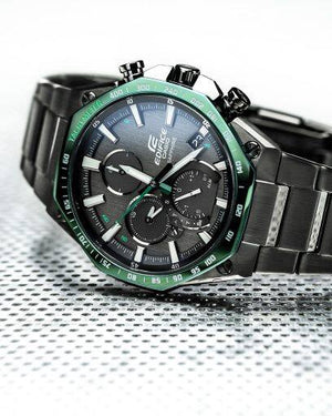 Casio Edifice EQB-1100XDC-1A men's chronograph watch, black dial, black ion-plated stainless steel bracelet – detail view 1