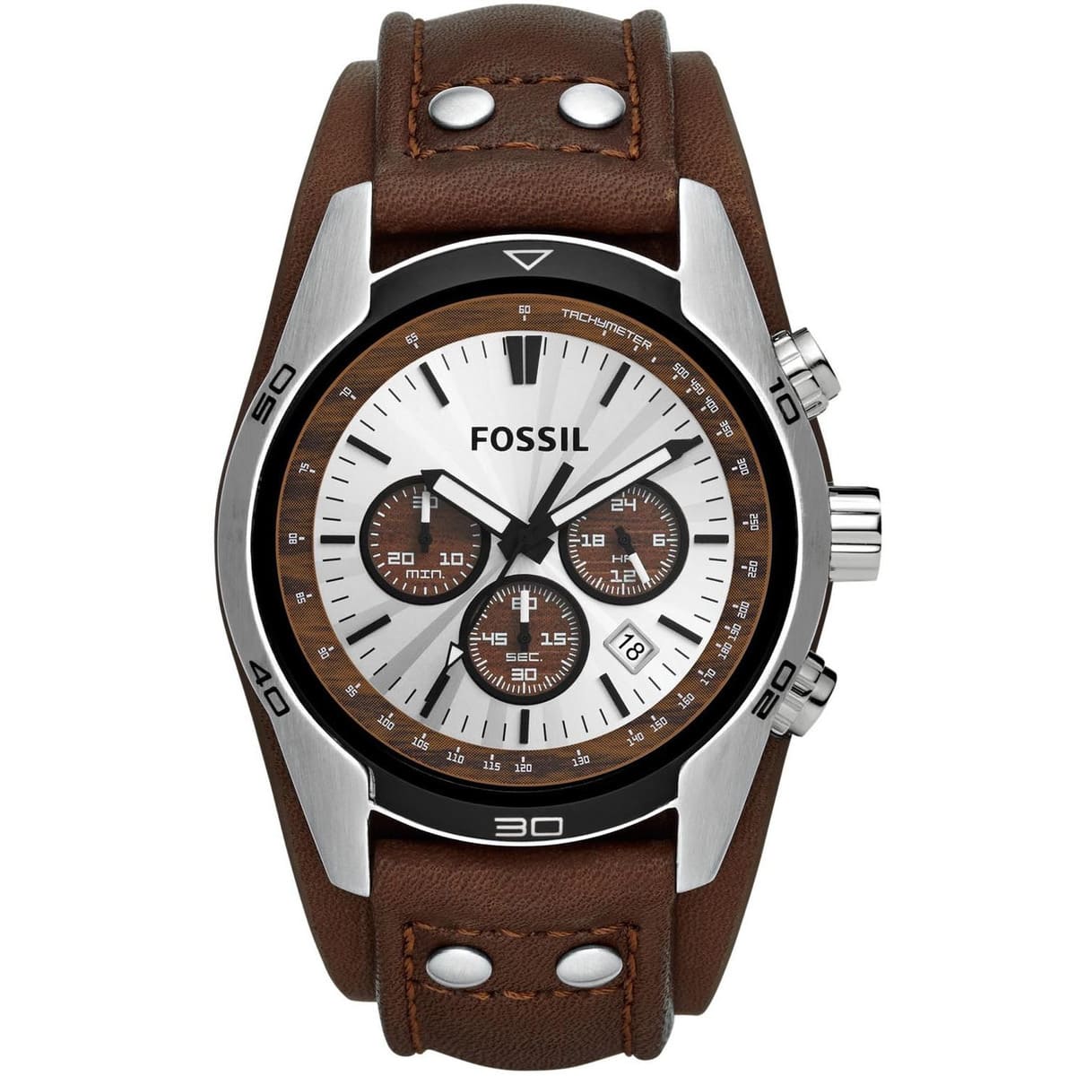Authentic real-life photo of Fossil CH2565 showing actual silver finish and brown cuff leather strap