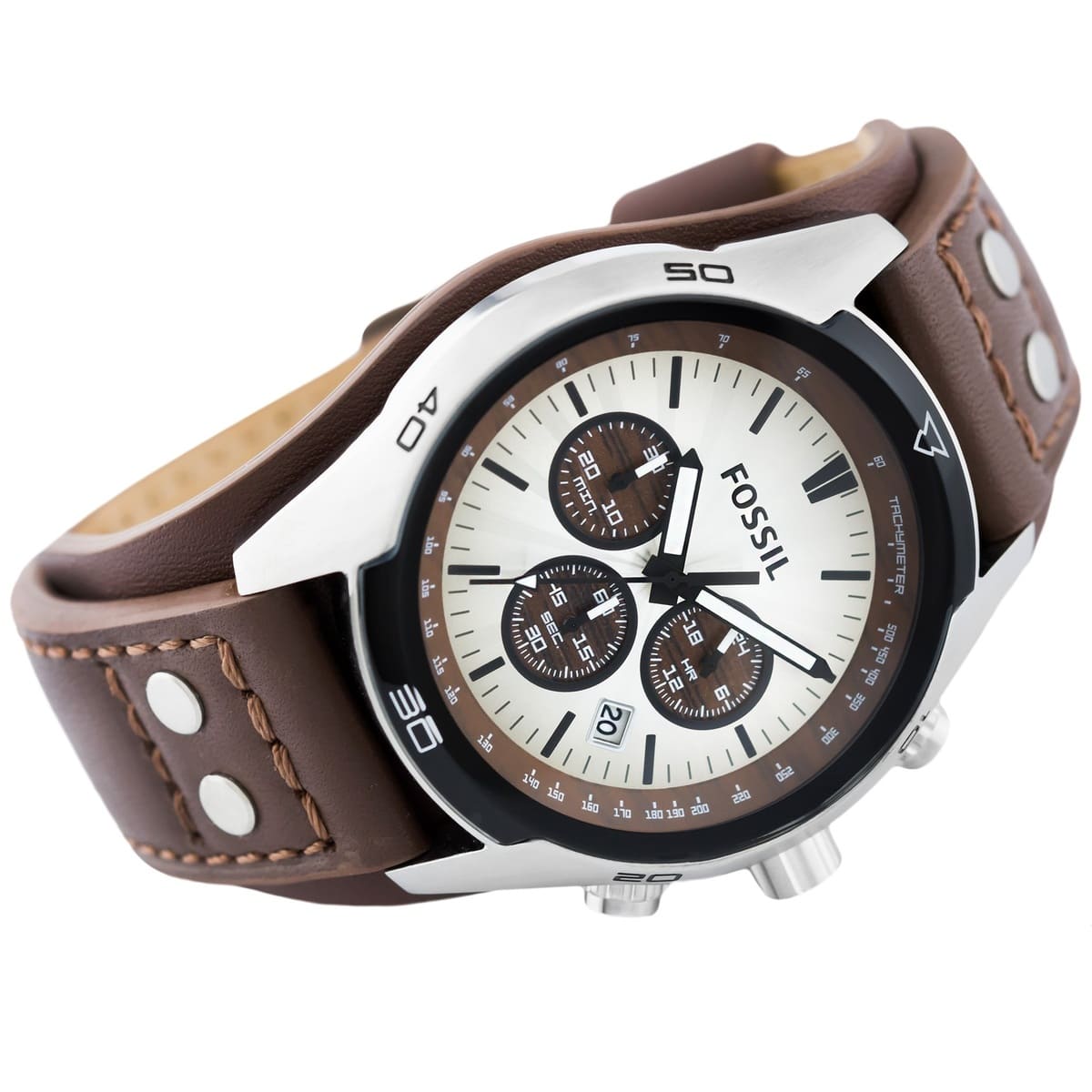 Perspective photo of Fossil CH2565 showing the side profile, knurled bezel, and buttons
