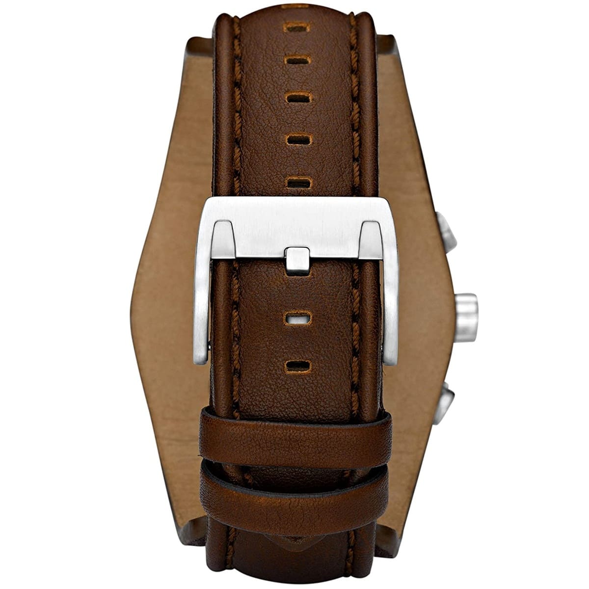 Photo of the silver stainless steel buckle on the brown leather strap of Fossil CH2565