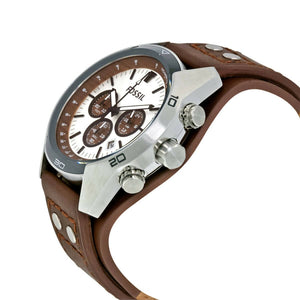 Fossil watch with brown leather strap and silver case on a white background