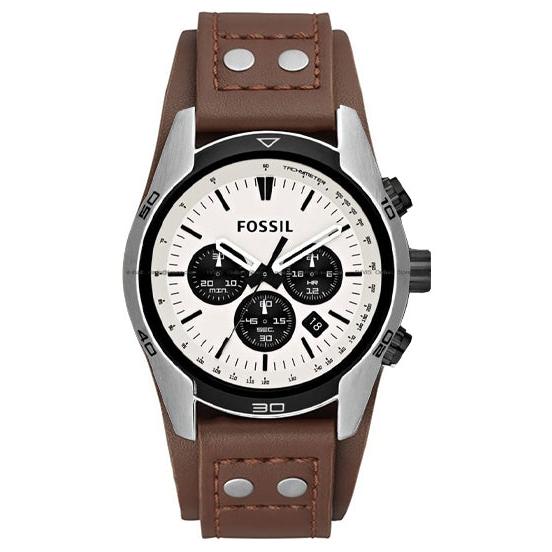 Authentic real-life photo of Fossil CH2890 showing actual silver finish and brown cuff leather strap