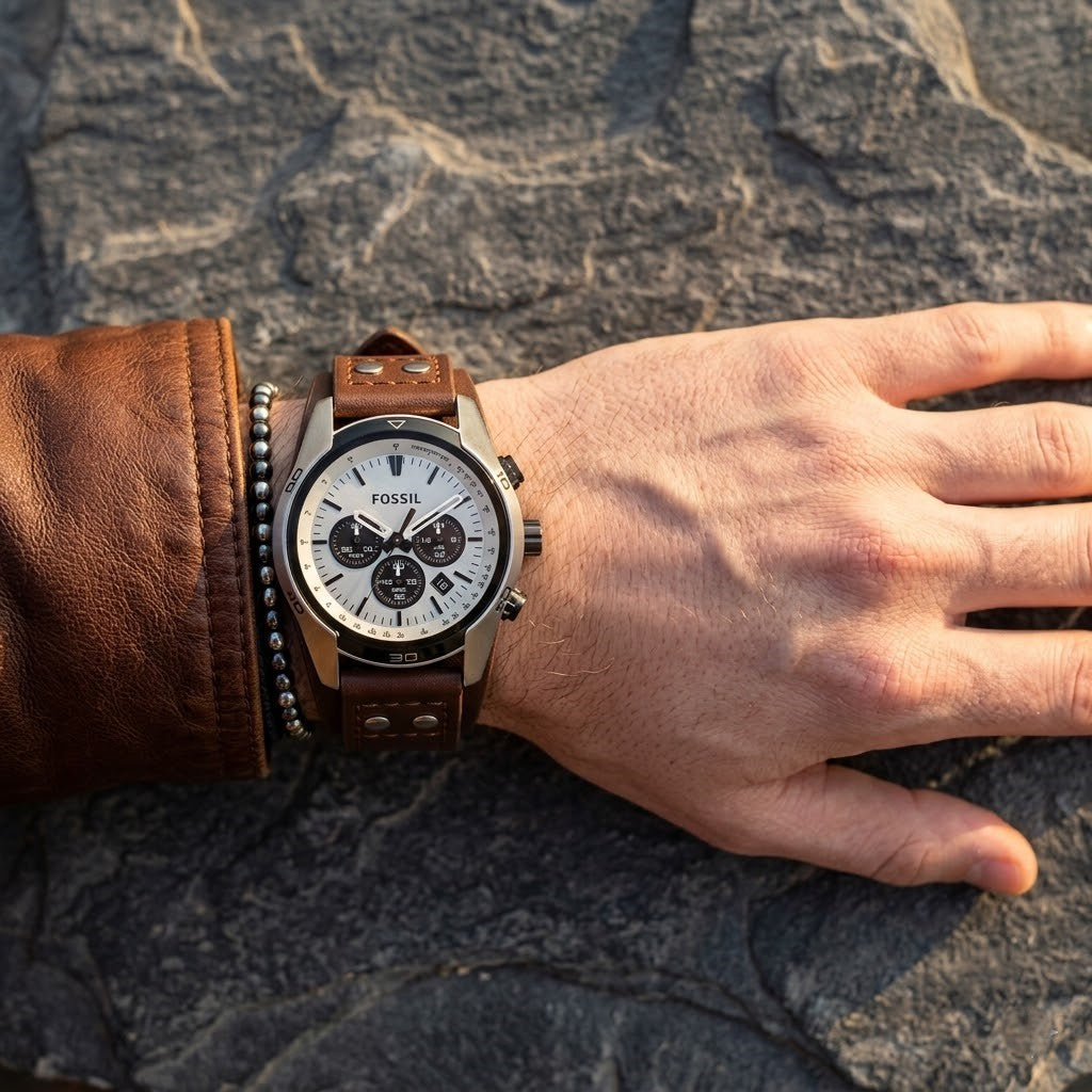 Close up shot of Fossil CH2890 on wrist showing white chronograph dial and silver details