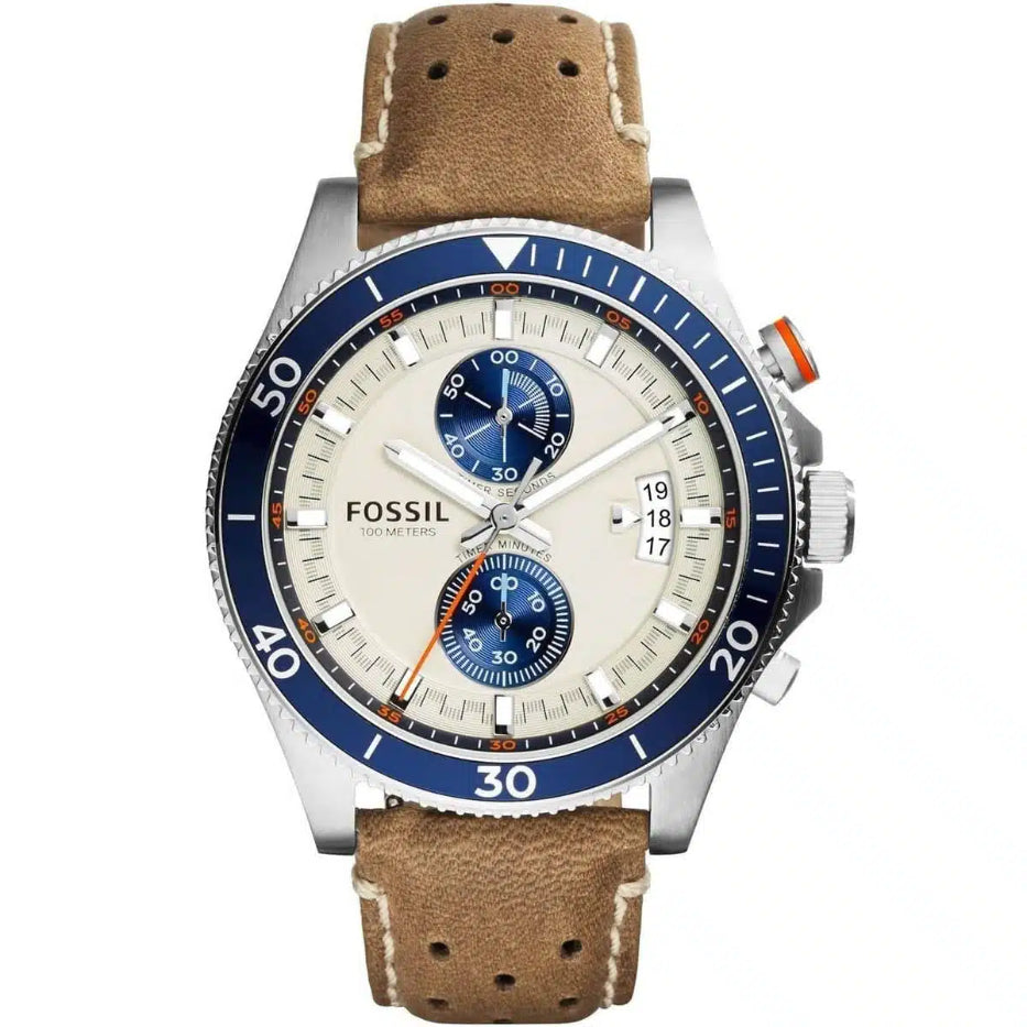 Fossil Wakefield CH2951 men's chronograph watch with white dial and brown leather strap