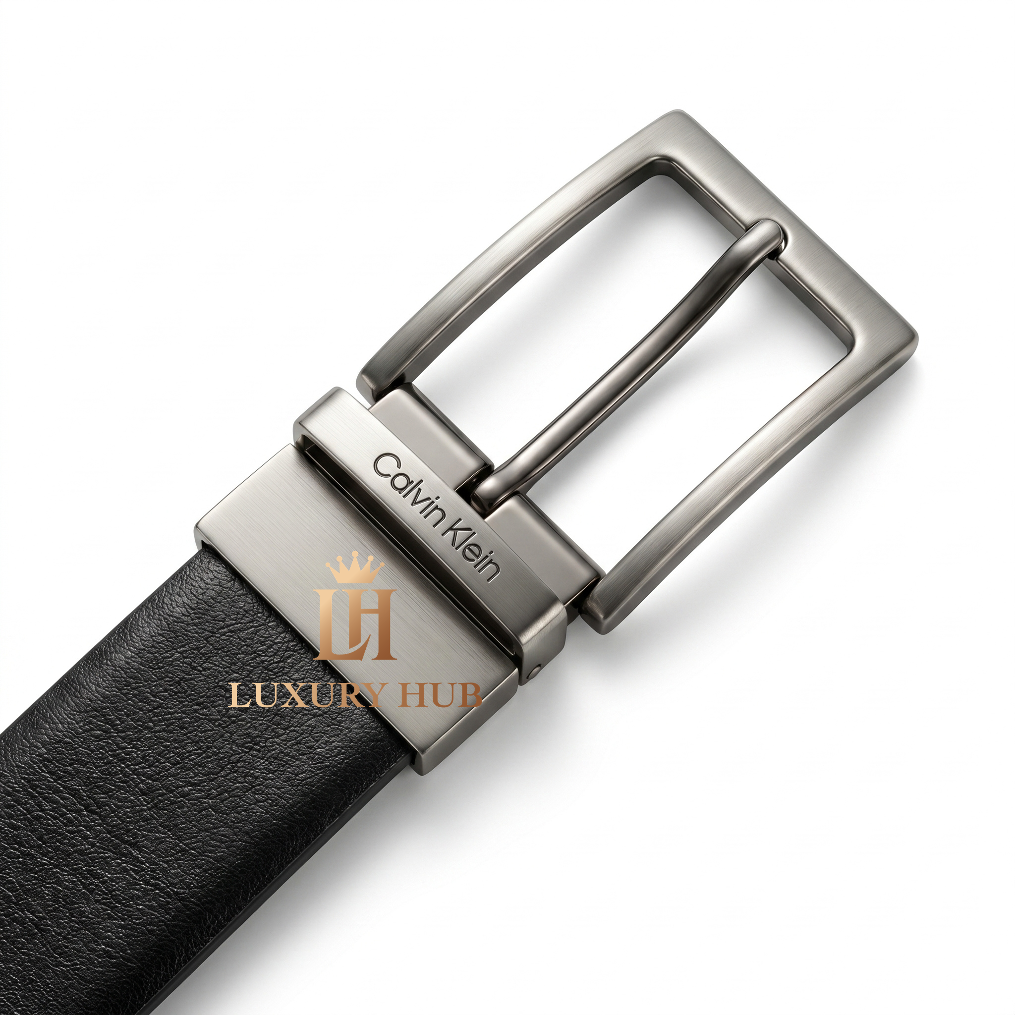 Ultra-realistic close-up of the Calvin Klein brushed metal buckle with precision-engraved brand logo