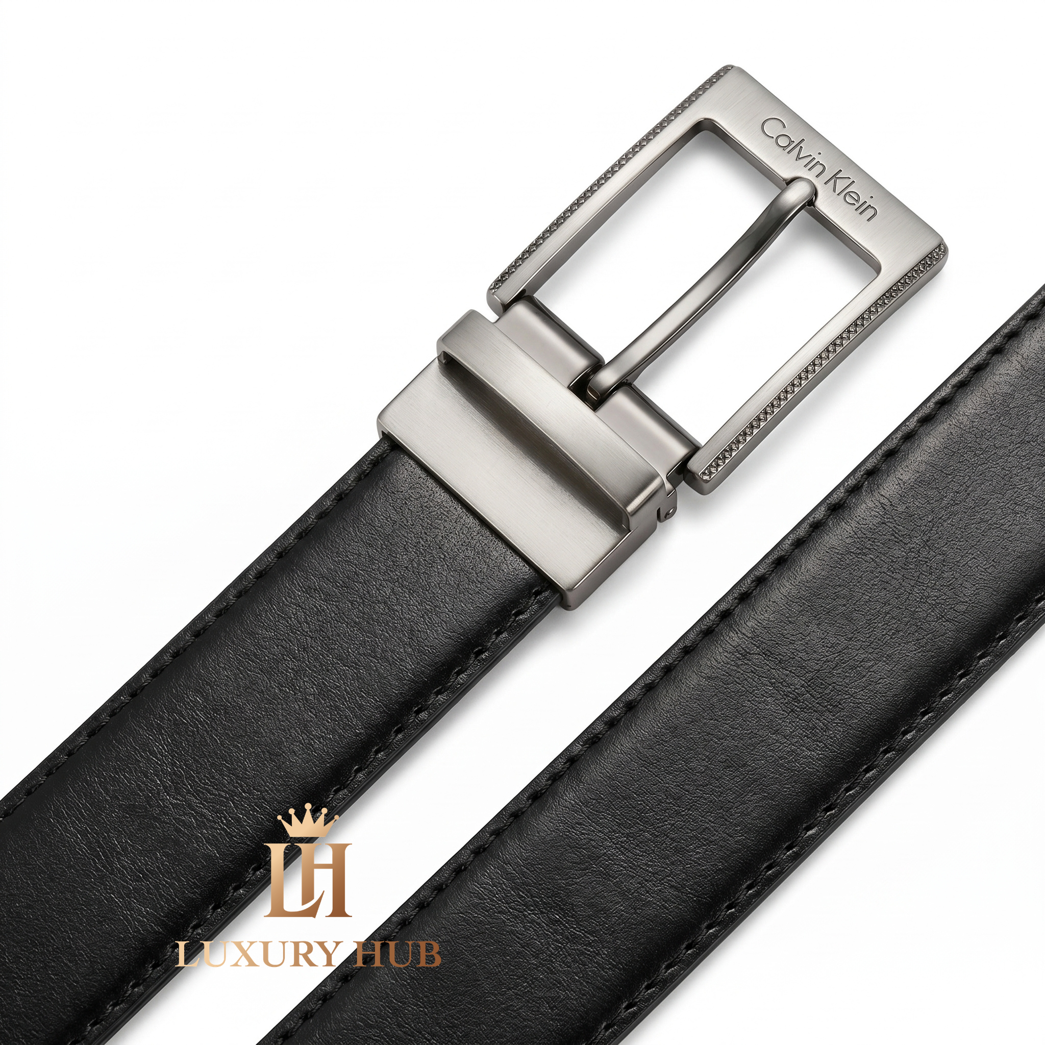 Macro photography of the high-quality real leather grain on the Calvin Klein mirror original belt