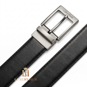 Macro photography of the high-quality real leather grain on the Calvin Klein mirror original belt
