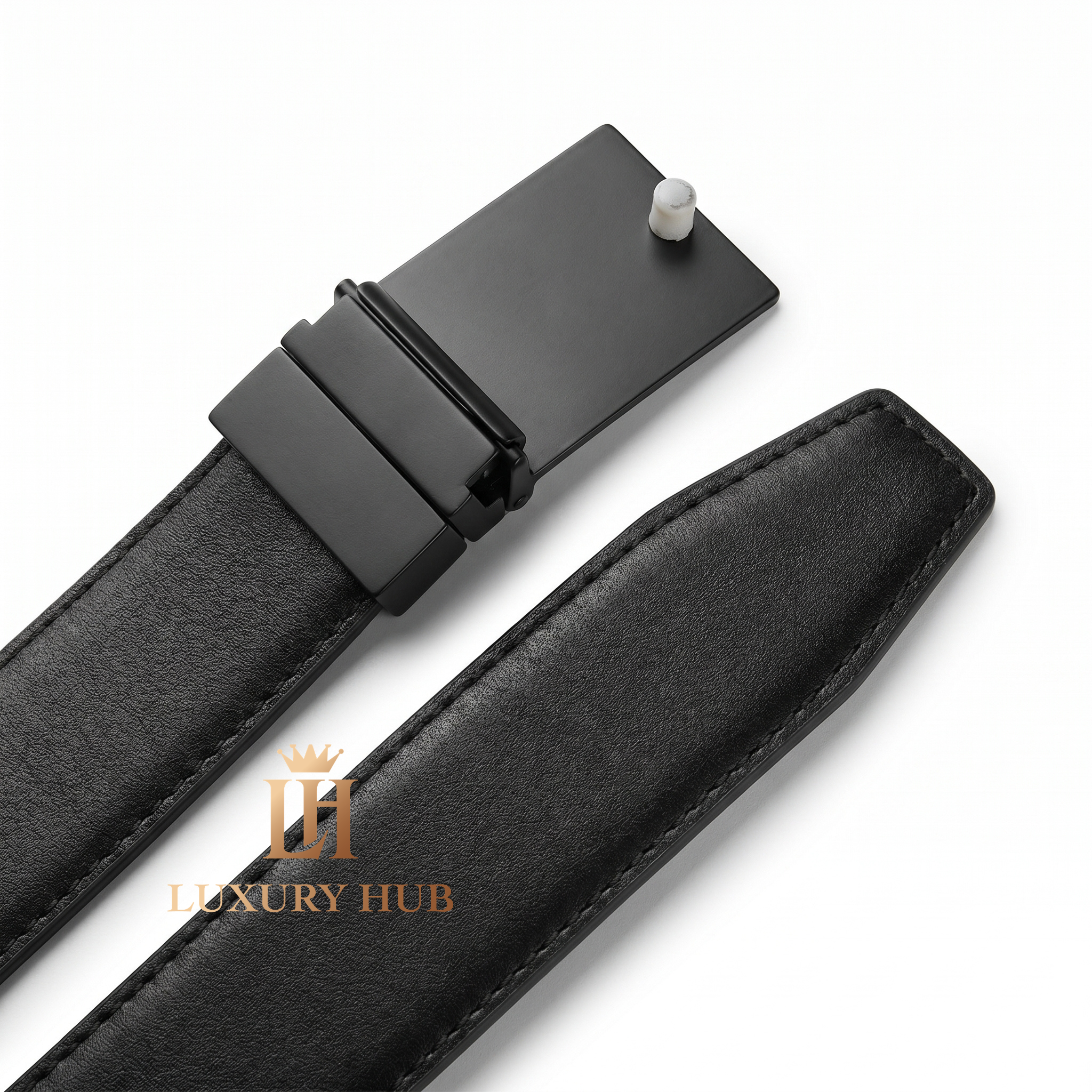 Detailed close-up showing the high-quality matte buckle mechanism and textured black leather on the CK belt