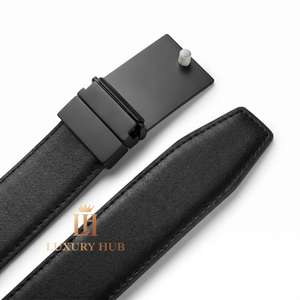 Detailed close-up showing the high-quality matte buckle mechanism and textured black leather on the CK belt