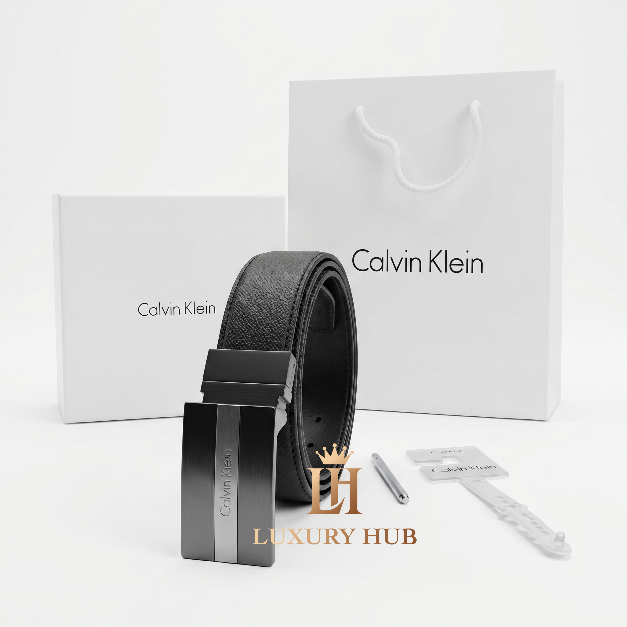 Calvin Klein Men's Mirror Original Black Genuine Leather Belt - Engraved Metal Buckle