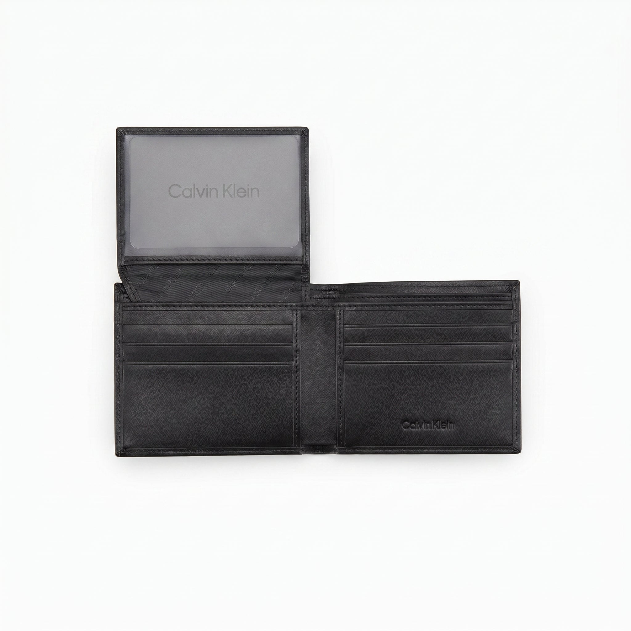 Internal layout view of the Calvin Klein genuine leather bi-fold wallet showcasing organized card slots and fine stitching
