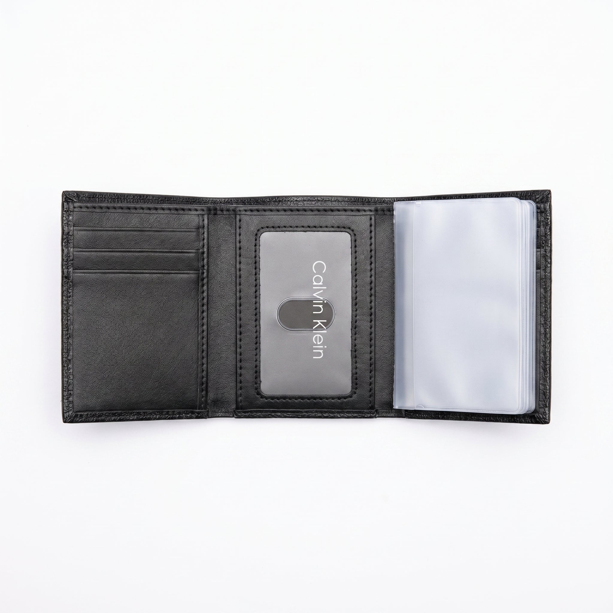 Internal view of the Calvin Klein genuine leather wallet showing premium card slots and structured currency compartments