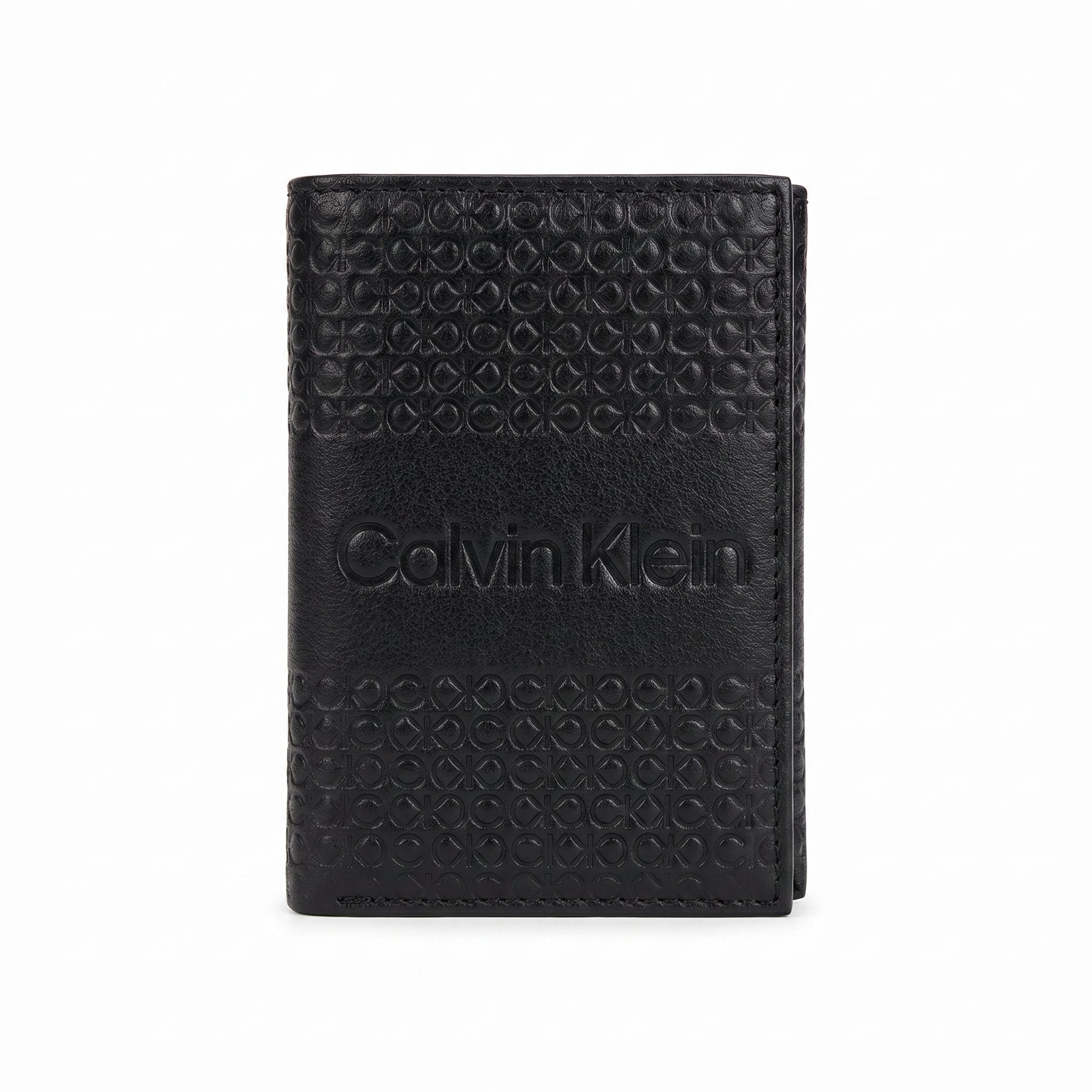 Macro close-up view showing the high-quality genuine leather texture and precision embossed ck monogram on the wallet