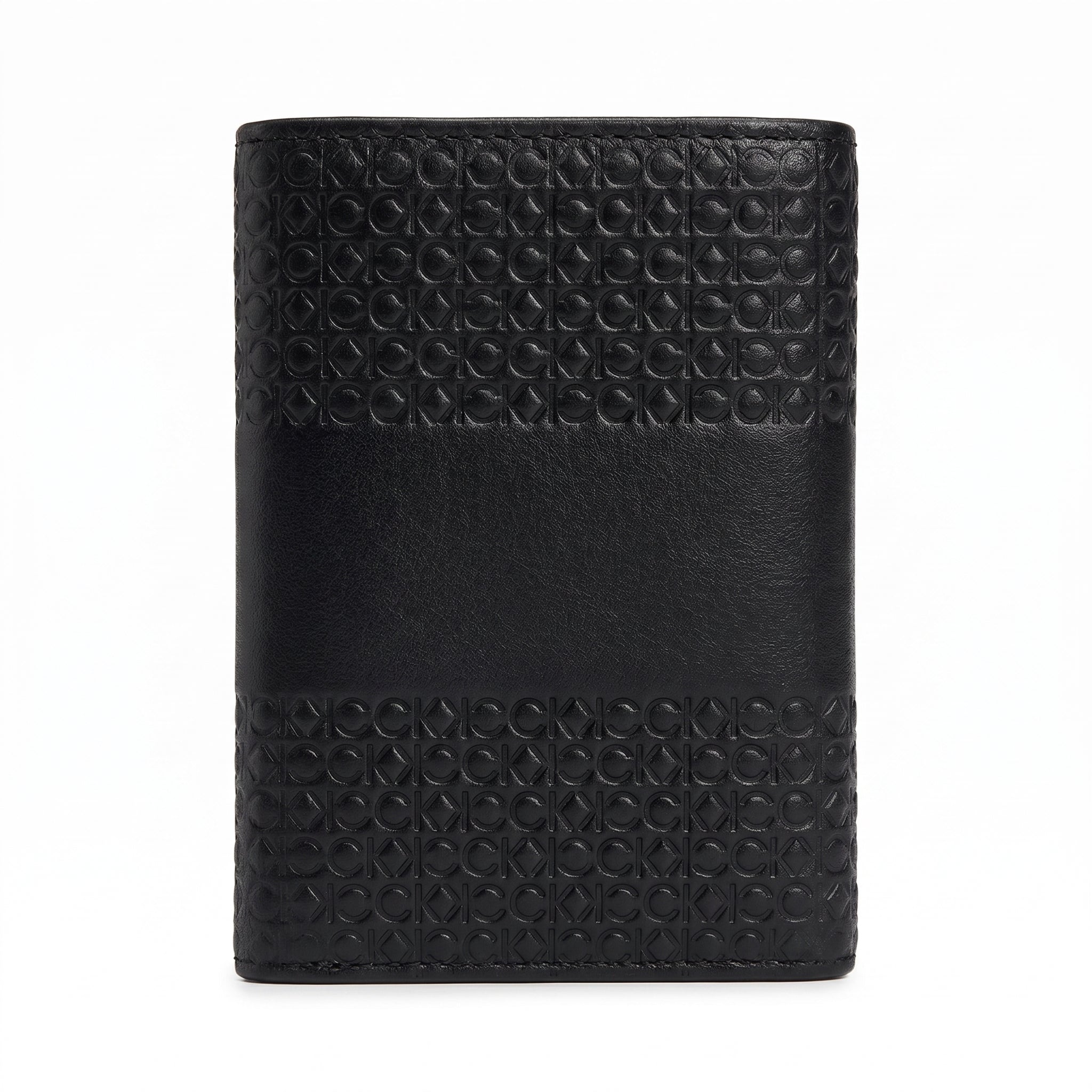 Back panel view of the Calvin Klein genuine leather wallet displaying the seamless embossed ck monogram pattern