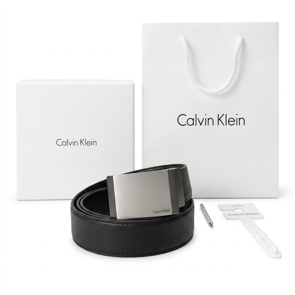 Professional standing view of the Calvin Klein mirror original reversible leather belt featuring the matte designer buckle