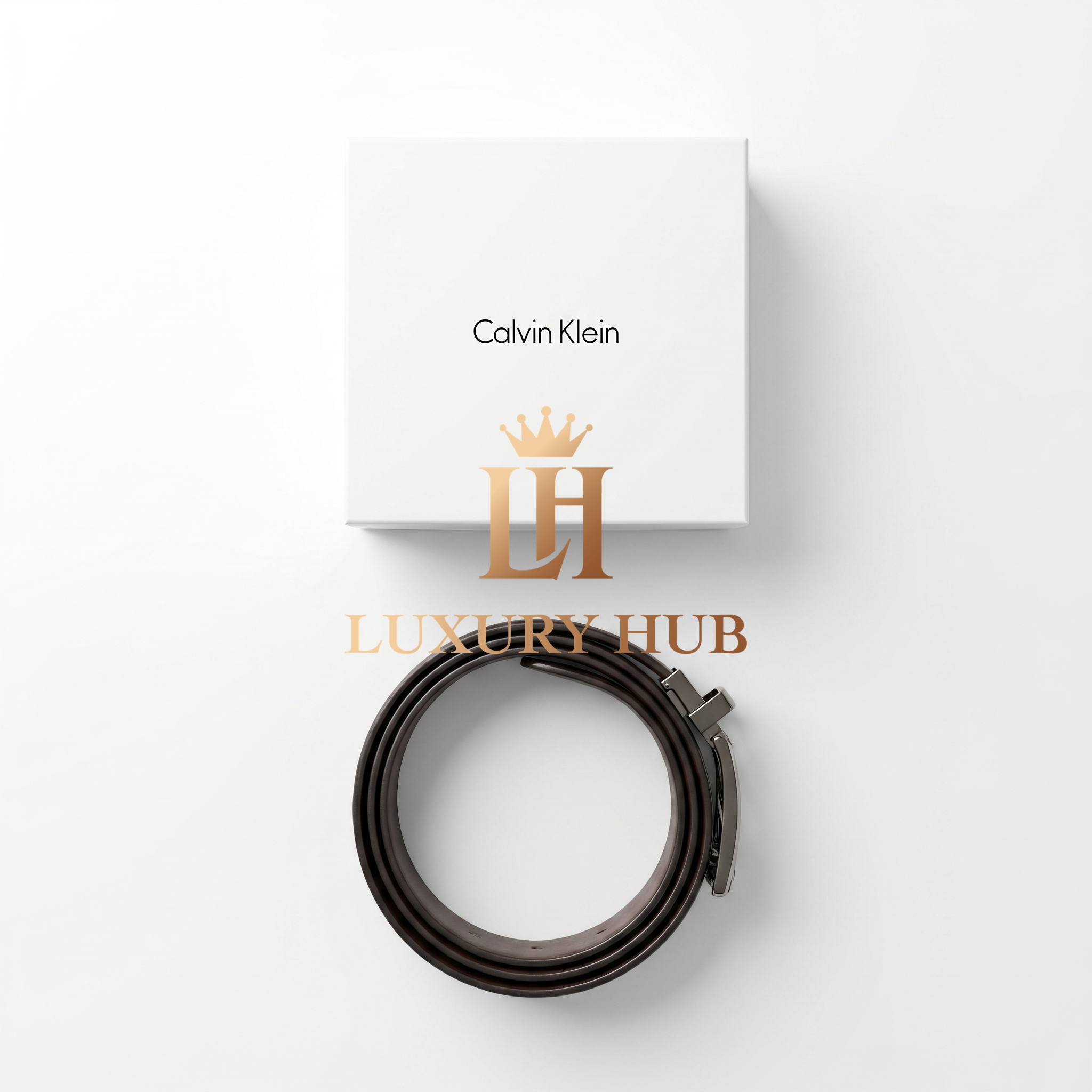 Calvin Klein double-face belt display showing both the black and brown premium leather sides