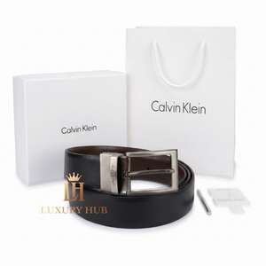 Full designer set of Calvin Klein mirror original reversible belt with luxury white gift box and branded shopping bag