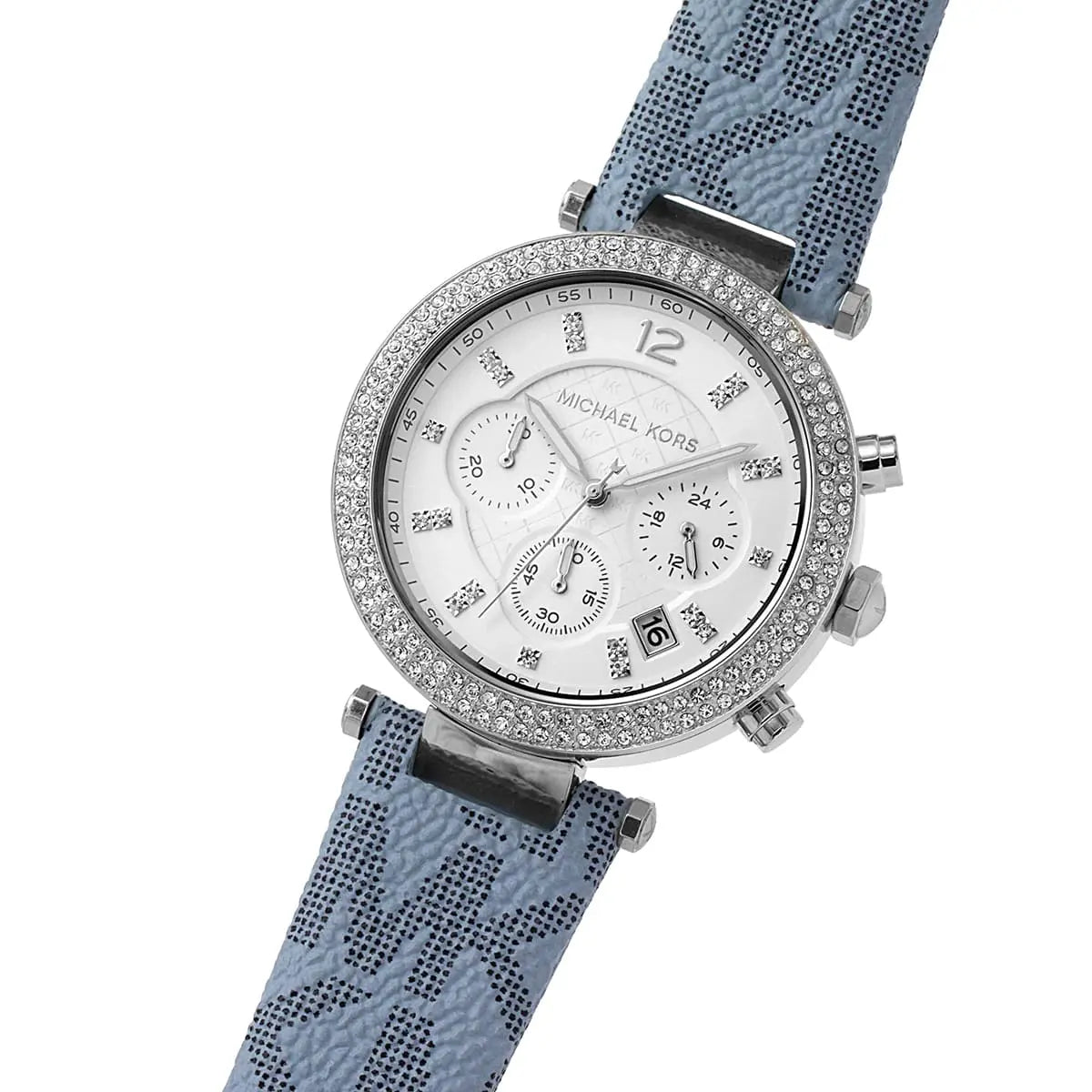 لقطة قريبة جداً لمينا ساعة MK6936 وتناسق الفضي مع الجلد الطبيعي