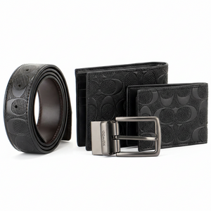 Coach mens accessories set belt and wallet with signature print standing display
