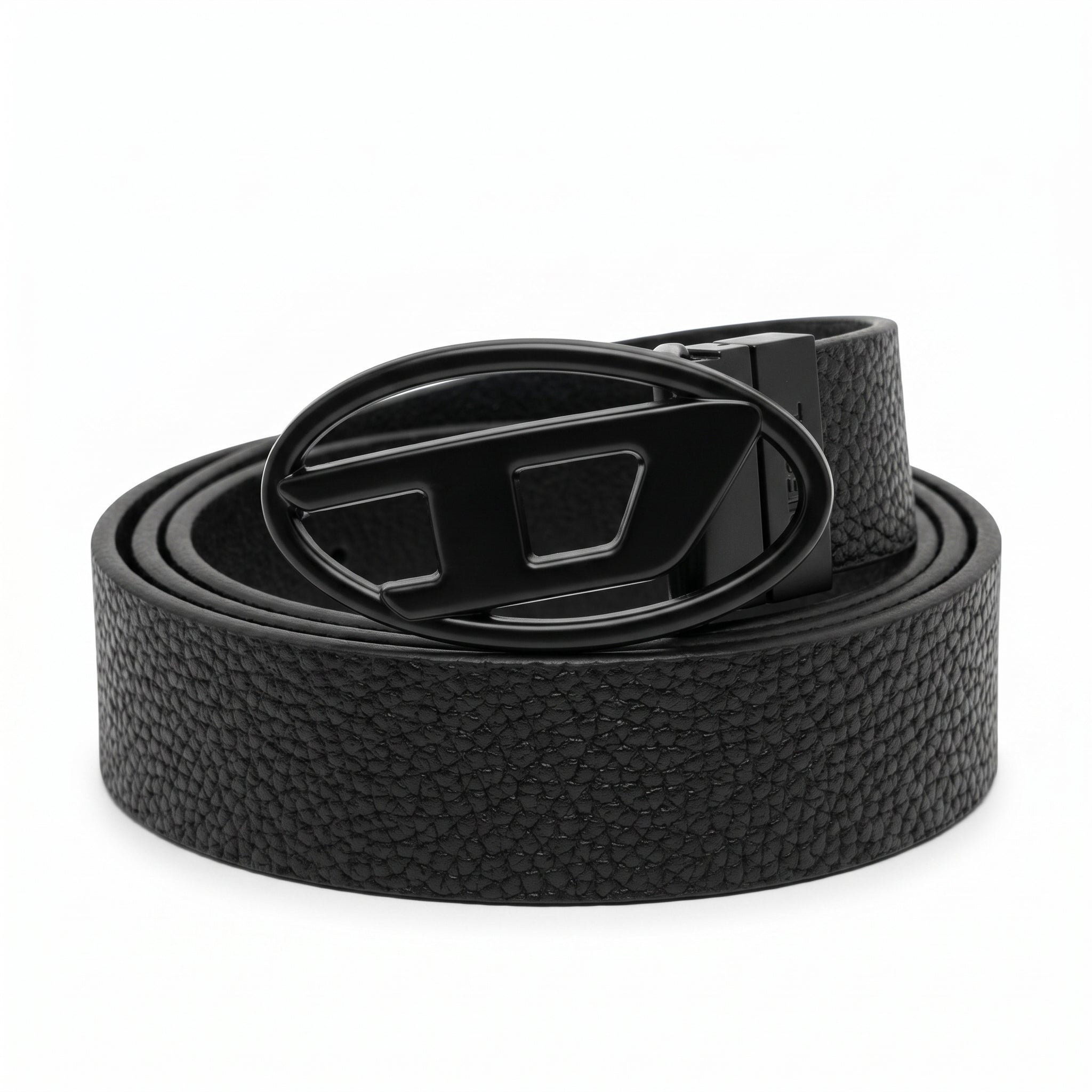 Front view studio product photograph of the Diesel mirror original pebbled black leather belt rolled flat with the oversized D logo buckle centered