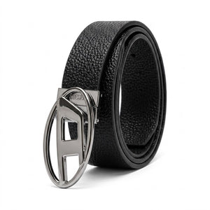 Front view studio product photograph of the Diesel mirror original pebbled black leather belt rolled flat with the oversized polished silver D logo buckle centered