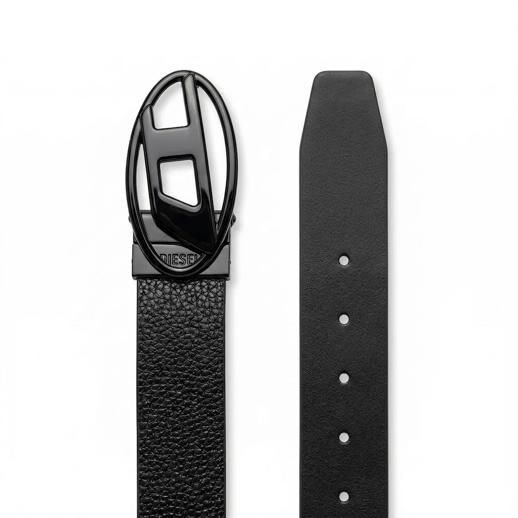 Black leather belt with a Diesel logo buckle on a white background