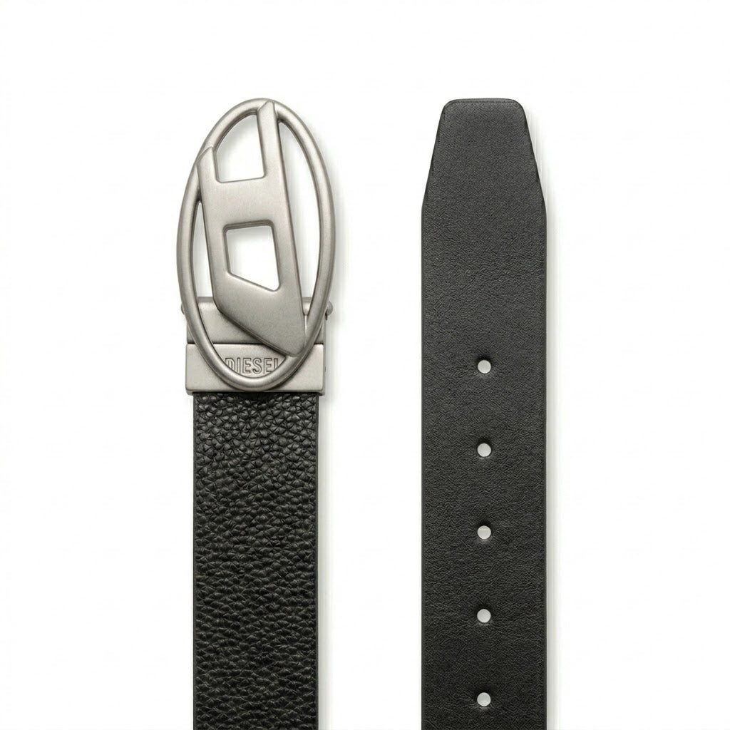 Straight front layout product photography of the Diesel mirror original pebbled black leather belt highlighting the polished silver metal D logo buckle and strap tip