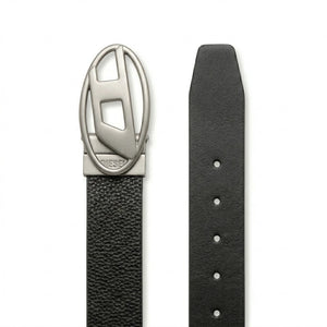 Straight front layout product photography of the Diesel mirror original pebbled black leather belt highlighting the polished silver metal D logo buckle and strap tip