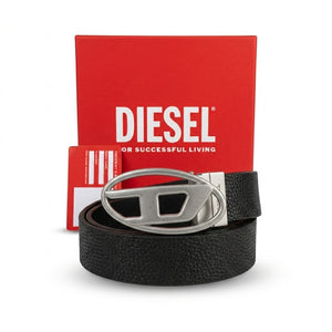 Top-down style studio product photography of the Diesel mirror original black leather belt neatly rolled inside its open custom red branded gift box with papers and silver hardware
