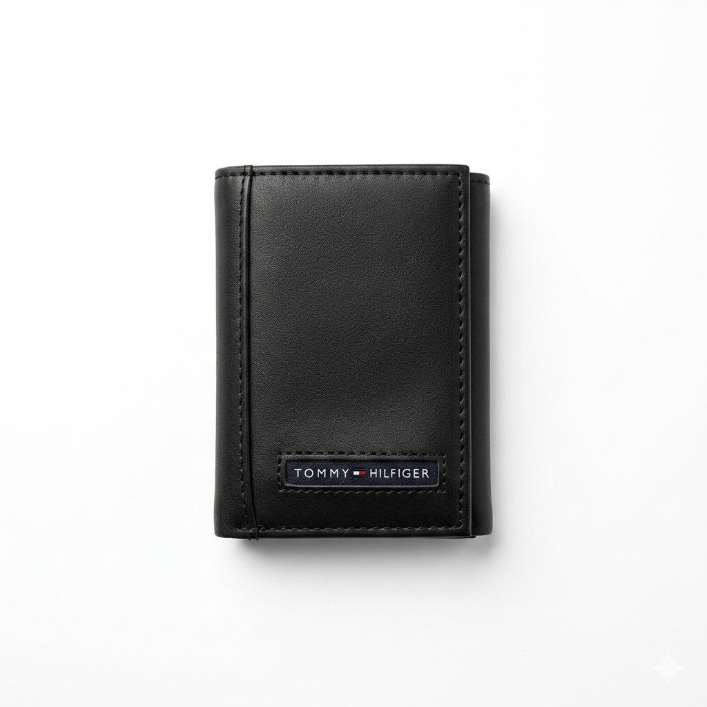Tommy Hilfiger Men's Mirror Original Smooth Leather Trifold Wallet - Small Enamel Flag Logo - Black
