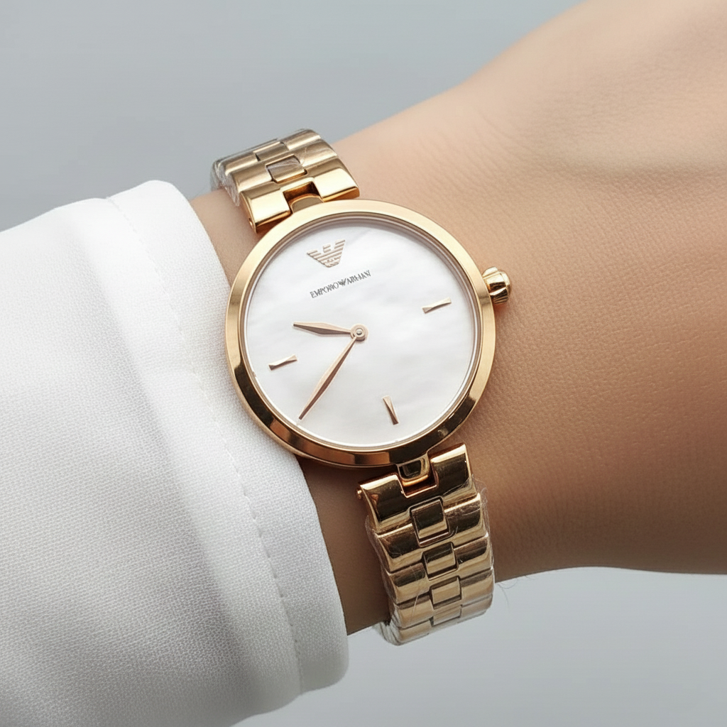 Close up shot of Emporio Armani AR11196 watch on wrist showing the iridescent mother of pearl dial
