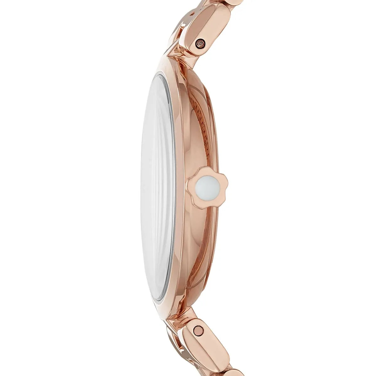 Detailed side view of the rose gold crown with Armani logo on the AR11196