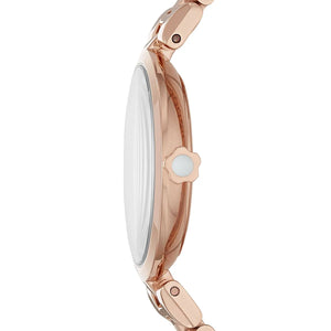 Detailed side view of the rose gold crown with Armani logo on the AR11196
