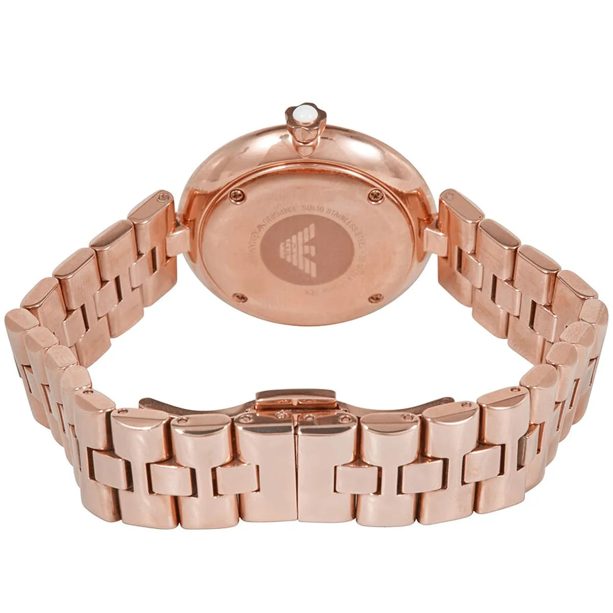 Rose gold stainless steel butterfly deployment clasp on the bracelet of the AR11196