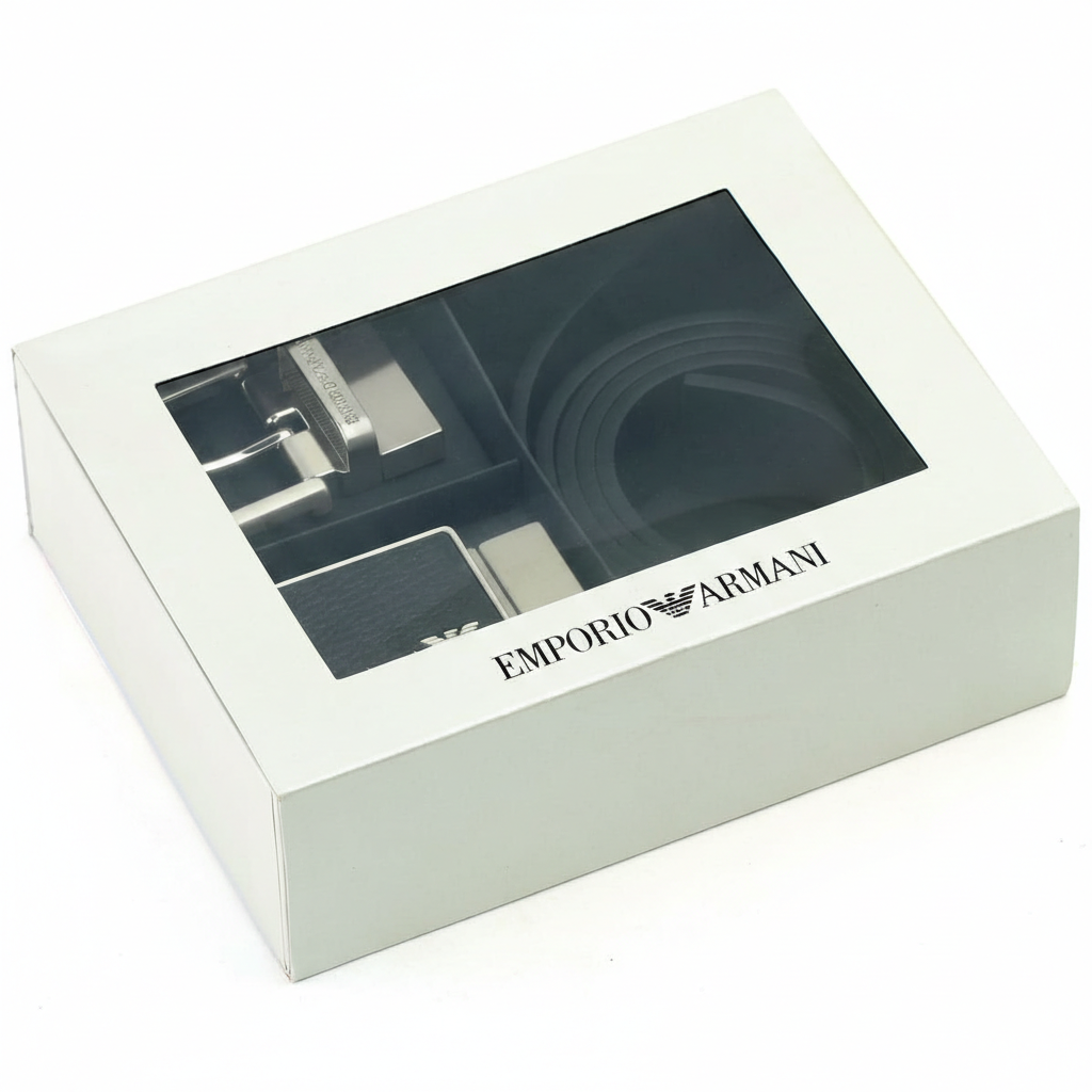 Luxury Emporio Armani men's belt gift set presentation showing the branded white window box and matching shopping bag for a complete gift experience