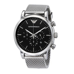 Emporio Armani Luigi AR8032 men's chronograph watch - black dial silver mesh strap