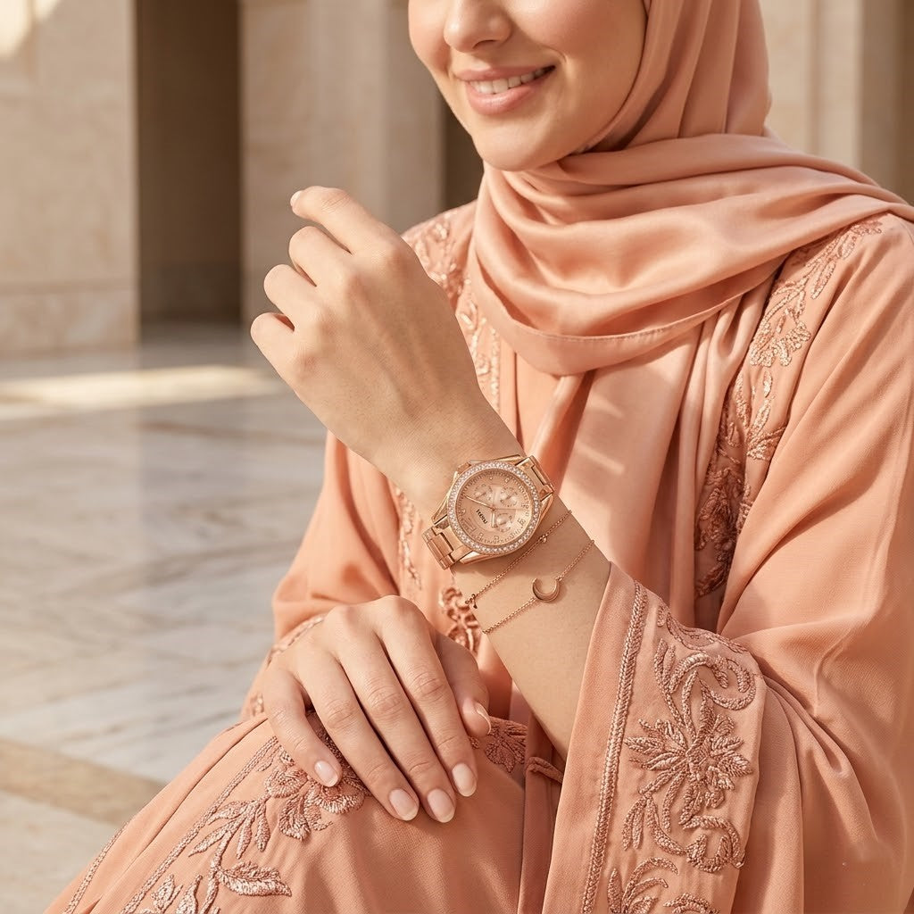 Lifestyle photo of Fossil Riley ES2811 showing the watch on a woman's wrist with rose gold bracelet