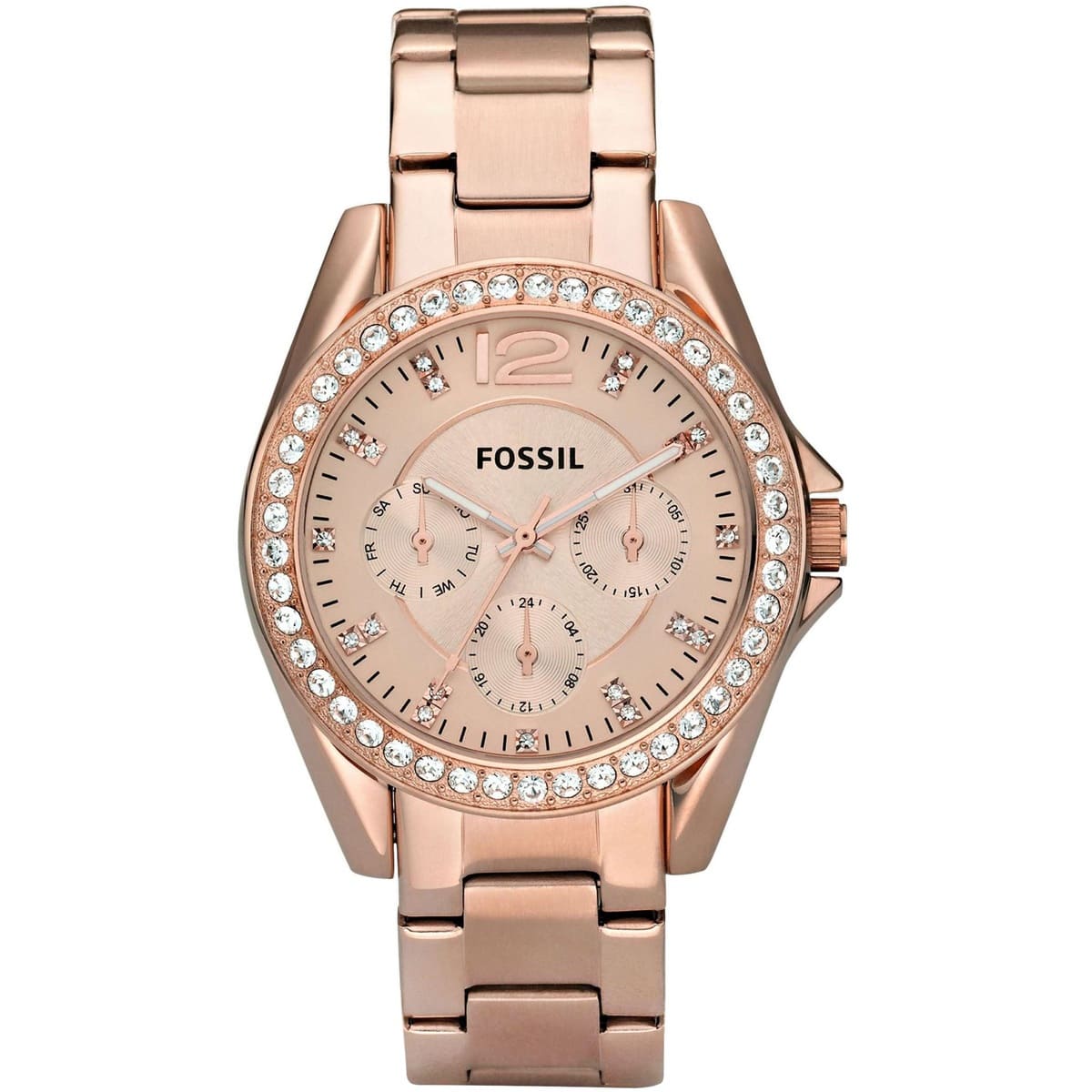 Authentic real-life photo of Fossil Riley ES2811 showing actual all rose gold finish and crystal bezel