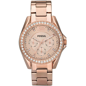 Authentic real-life photo of Fossil Riley ES2811 showing actual all rose gold finish and crystal bezel