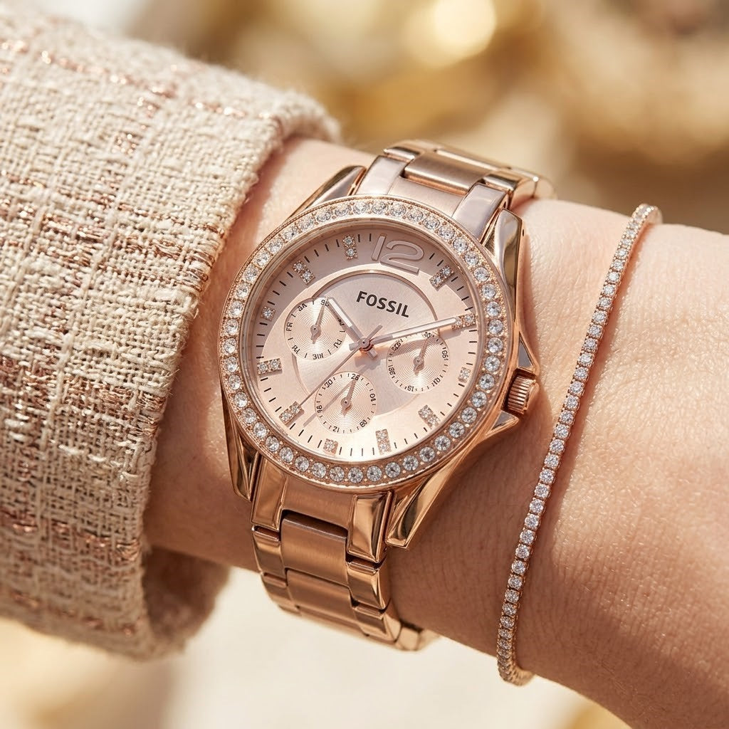 Close up shot of Fossil Riley ES2811 on wrist showing rose gold dial and crystal detail