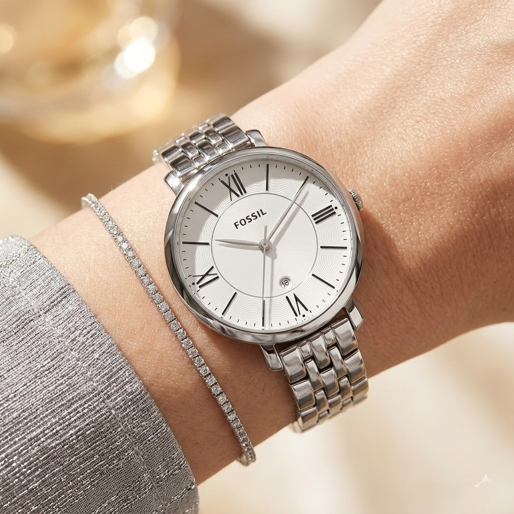 Close up shot of Fossil ES3433 on wrist showing white dial and roman numerals