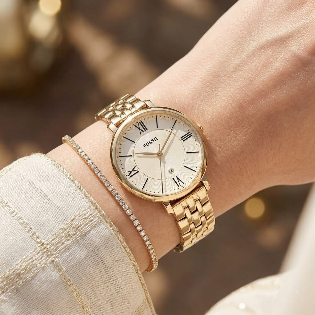 Close up shot of Fossil ES3434 on wrist showing cream dial and roman numerals