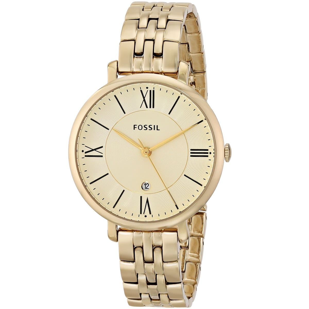 Angled real-life photo of Fossil ES3434 showing the slim gold case and metal strap