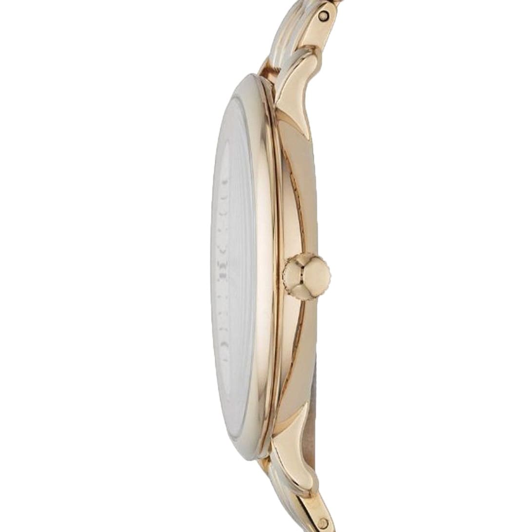 Side view photo of Fossil ES3434 showing case thickness and gold strap connection