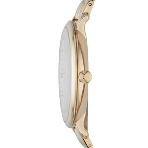 Side view photo of Fossil ES3434 showing case thickness and gold strap connection
