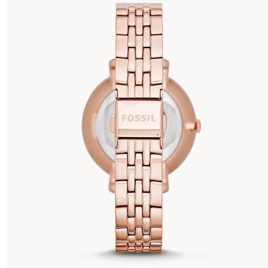 Photo of the rose gold deployment clasp on the metal strap of Fossil ES3435
