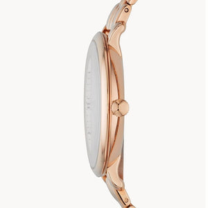 Side view photo of Fossil ES3435 showing case thickness and rose gold strap connection